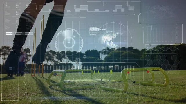 Athlete training on field with digital data processing animation overlay