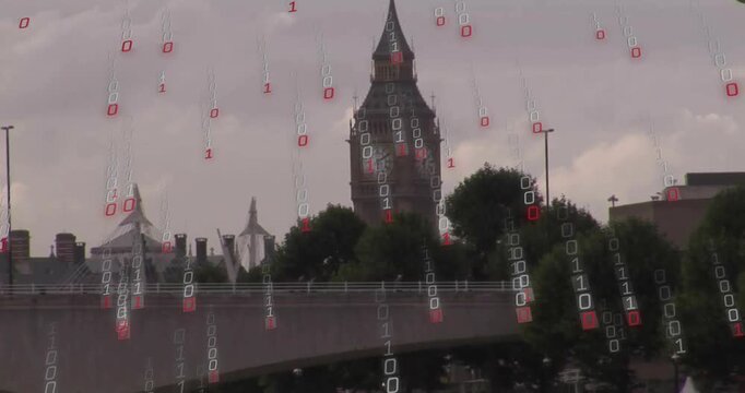 Binary code overlaying Big Ben in digital animation scene, London landmark featured