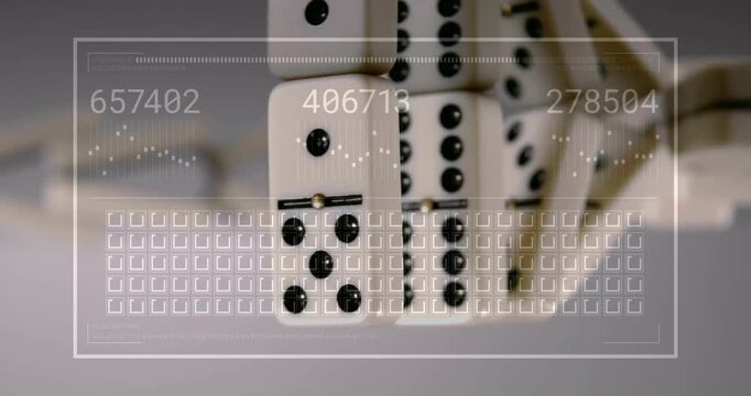 White domino tiles stacking and tilting, showing digital display with grid and numeric readouts