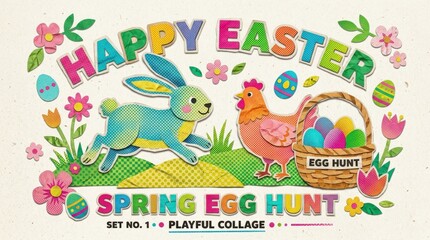Fototapeta premium Easter halftone collage set with bunny chicken and egg-hunt motifs cut from crumpled paper, playful spring mixed-media mood, modern retro styling, isolated layered composition, photorealistic paper