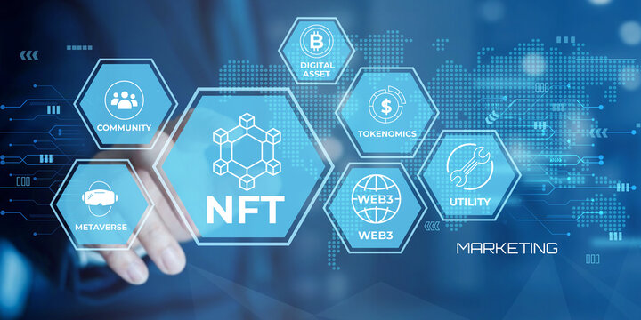 Abstract digital illustration representing NFT concepts with interconnected hexagons featuring icons for community metaverse digital asset tokenomics utility and web3 on a futuristic blue background 