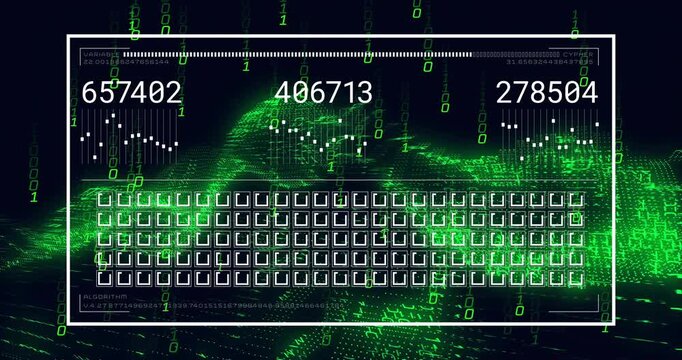 Second frame fading HUD around rolling green waveform showing changing metrics tracking data trends