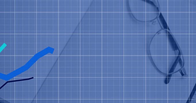 Blueprint grid starting 3 color lines rising and falling with eyeglasses still showing data trends