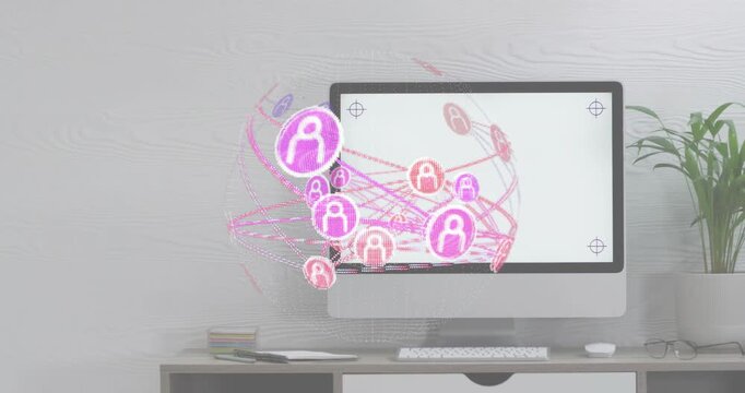 At start translucent network globe materializing left monitor rotating showcasing user connections