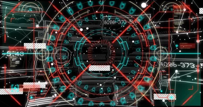 Reticle appearing, rings lighting, striped blocks sliding, organizing diagnostic scanning data flow