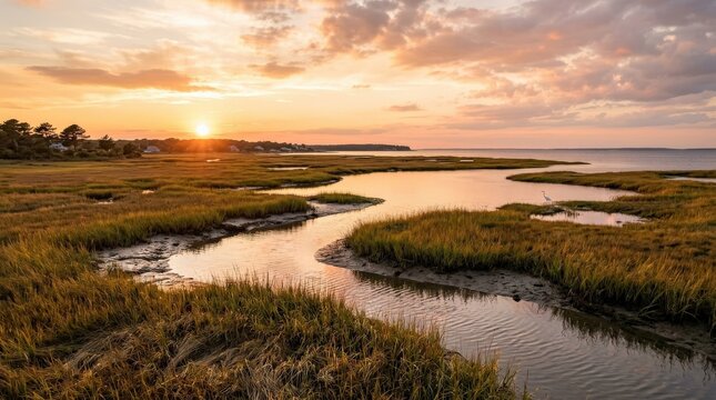Cape Cod Bay marsh grass at sunset in Eastham, Massachusetts, golden light washing over textured salt marsh vegetation, calm tidal edges and warm coastal atmosphere, photorealistic landscape