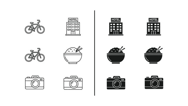 Contrasting icons of travel essentials and accommodations in black and white styles