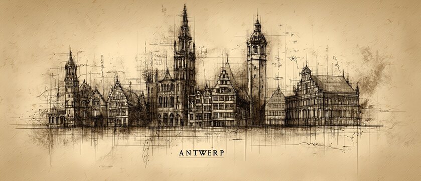 A beautifully sketched panorama of Antwerp skyline emphasizes its grand cathedrals and historic buildings. The vintage aesthetic adds depth and a sense of history.