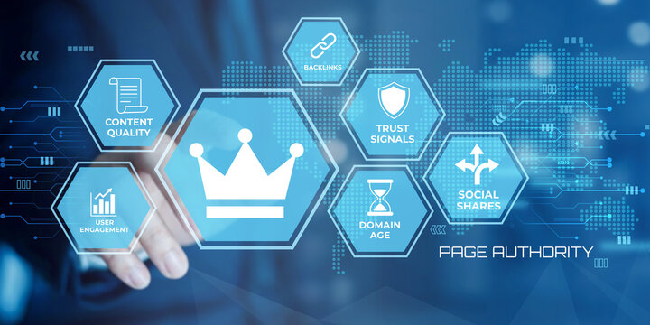 Digital infographic displaying search engine optimization factors like page authority trust signals backlinks content quality user engagement domain age and social shares on a blue digital background