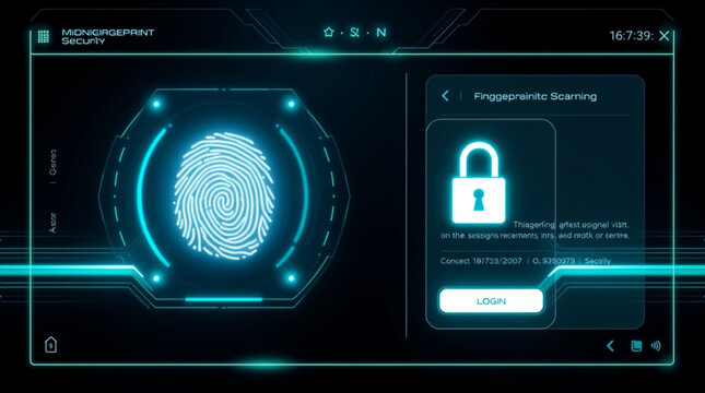 A futuristic fingerprint scanning interface with a glowing blue lock and login button on a dark background