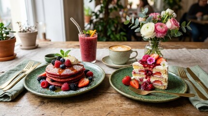 Delicious reddish pancakes and strawberry cake served on green plates for a fancy brunch, vibrant plating, rich berry tones, elegant tabletop styling, photorealistic food photography, soft daylight,