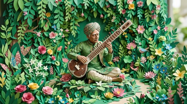 Handcrafted paper sculpture musician plays sitar amidst vibrant floral scenery. Green hues dominate composition, creating whimsical scene., handcrafted layered paper sculpture with tactile matte
