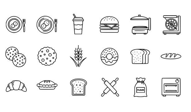Minimal bakery and bread outline icon set with 16 clean breakfast and pastry symbols vector collection