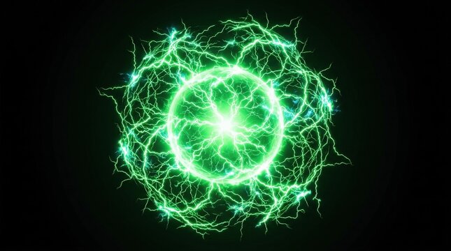 Glowing green electric lightning orb transparent PNG-style overlay, plasma storm energy wrapped around a bright luminous sphere, dramatic high-voltage effect, photorealistic electric detail,