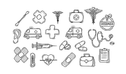 Hand drawn medical aid icon collection with doodle style healthcare and first aid elements vector set © Lipi