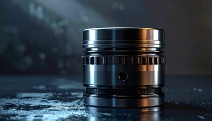 Camera Lens on Dark Reflective Surface.