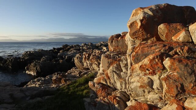 Rocky coastline of DeKelders overlooking the Atlantic Ocean, South Africa