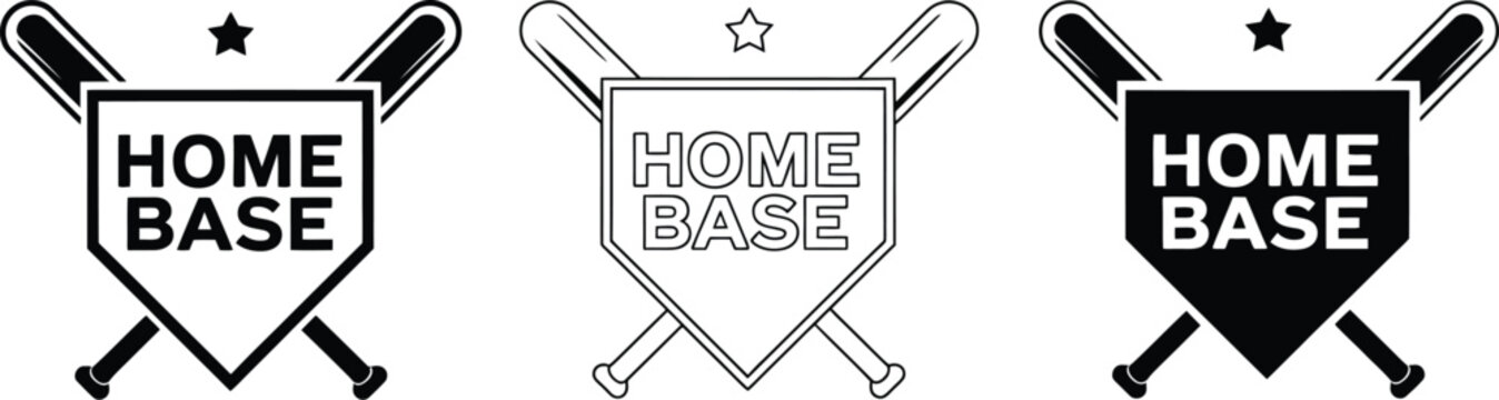 Baseball or Softball Home Plate Logo with Crossed Bats and Stars, Vintage Sports Emblem Design, Athletic Team Badge, Retro Style Vector Illustration for League, Club, Tournament Branding