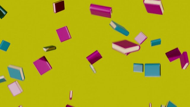 3d books floating down from above, on a solid colour background