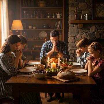 A family praying together at a dinner table, fostering a sense of togetherness and gratitude. They're gathered around a warm candlelight and a spread of food