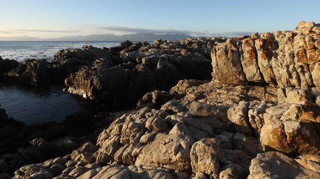 Rocky coastline of DeKelders overlooking the Atlantic Ocean, South Africa