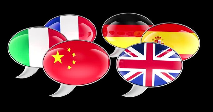 Speech bubbles with world flags. Global communication and foreign language learning, rotation animation seamlessly loopable. 3D rendering isolated on transparent background