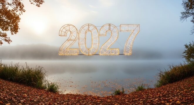 Illuminated "2027" floats over a misty lake with fall foliage