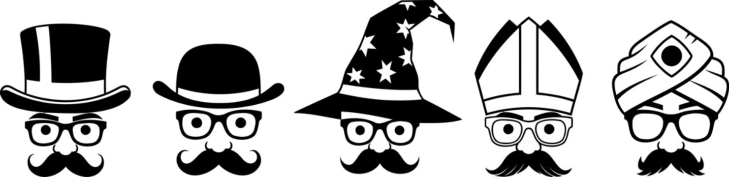 Set of funny faces with hats, mustaches, and glasses in black color for various characters.