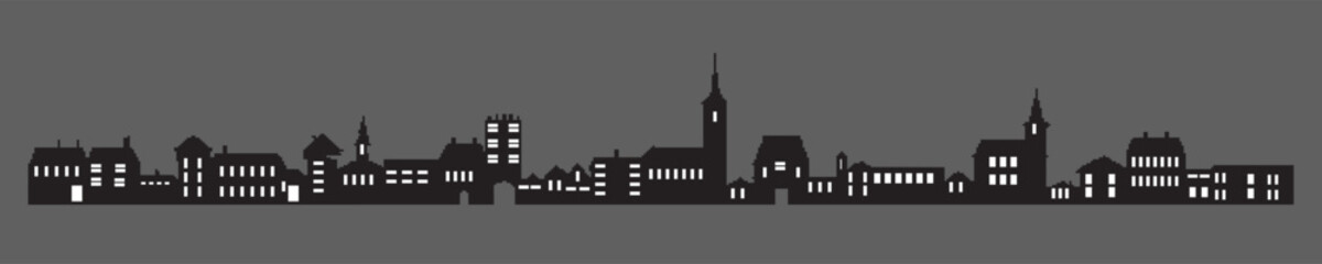 Fototapeta premium Town skyline silhouette. Small city houses, factory buildings, old church roofs, simple residental neighborhood vector flat scene