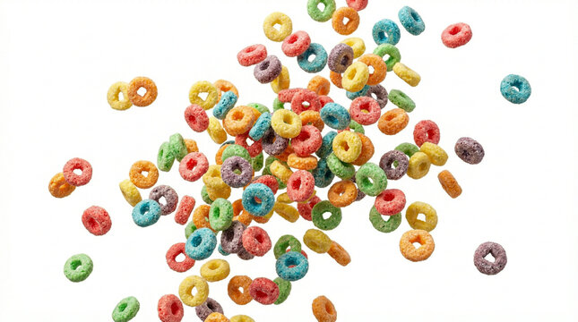 Exploding Colorful Fruit Cereal Rings Falling on White Background