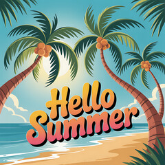 Obraz premium Vibrant palm trees stand on a sunny beach with the words Hello Summer.