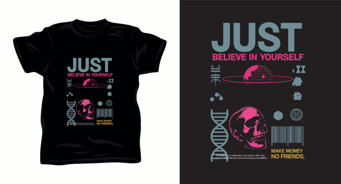 Just believe in yourself skull t shirt design with dna and barcodes.