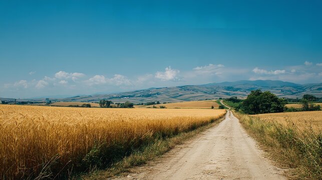 Corn field borders dirt road next to golden wheat crop