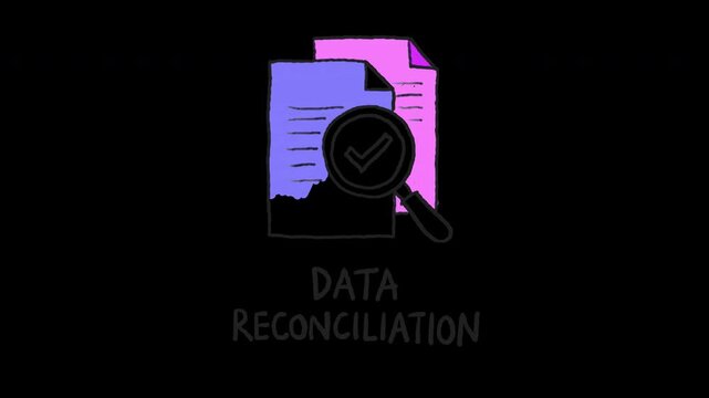 Hand drawn data reconciliation document with magnifying glass and checkmark icon, 4k animated video, alpha transparent video