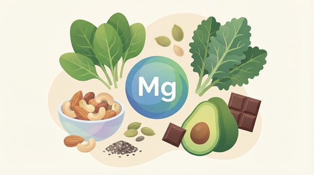 Magnesium - Mg - rich food sources for a healthy diet, featuring spinach, kale, nuts, seeds, avocado, and dark chocolate promoting essential nutrition and wellness