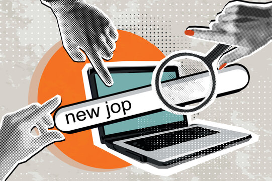 Trendy halftone collage with a hand that holds a magnifying glass. hands pointing on searching new jop on laptop. New Job searching concept.