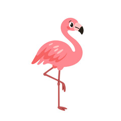 Obraz premium Pink flamingo illustration standing on one leg. Tropical bird with yellow beak and long legs. Cute playful bird character isolated mascot vector design