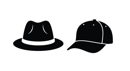 Fototapeta premium Two hats depicted in black and white a fedora and a baseball cap