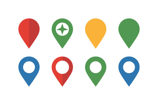 A set of colorful map pin icons on a white background for navigation and location purposes