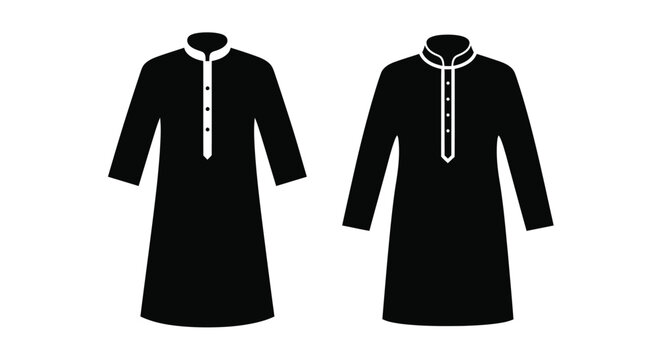 Two black kurta designs with white contrasting collar and button details
