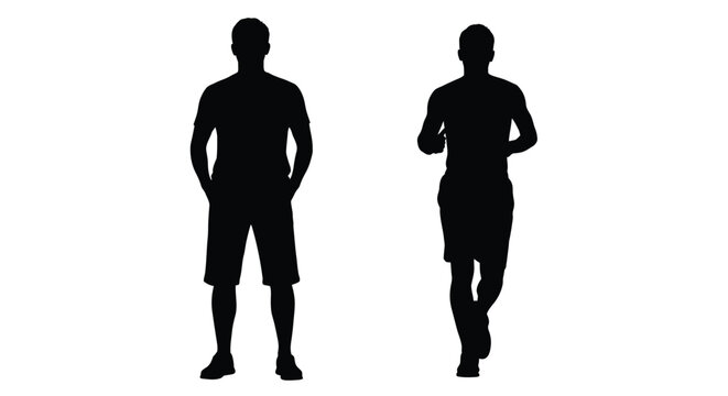 Two silhouetted men one standing one jogging in a minimalist style