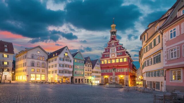 Esslingen am Neckar, Germany - view of old Town Hall (Altes Rathaus) at dusk (static image with animated sky)
