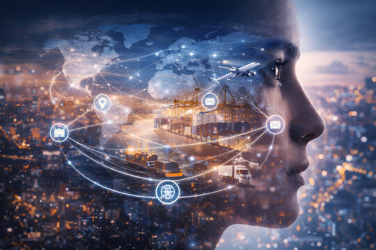 Profile of person with digital world map and logistics network overlay symbolizing human intelligence, global connectivity and modern supply chain technology.