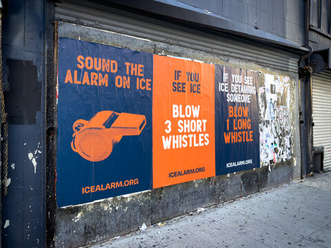 LOS ANGELES, CA, JAN 9, 2026: Street posters urging people to alert others to Immigration and Customs Enforcement, ICE activity using whistle signals, posted on urban wall in Downtown