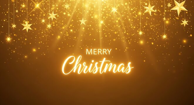 Golden Christmas background with star ornaments, light rays, and "Merry Christmas" text