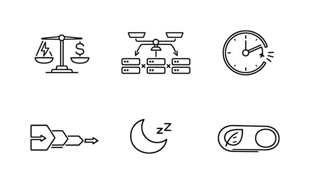 Energy-Aware Computation Icons. Line style icons of energy-aware computation: power budget scale, adaptive load balancer,