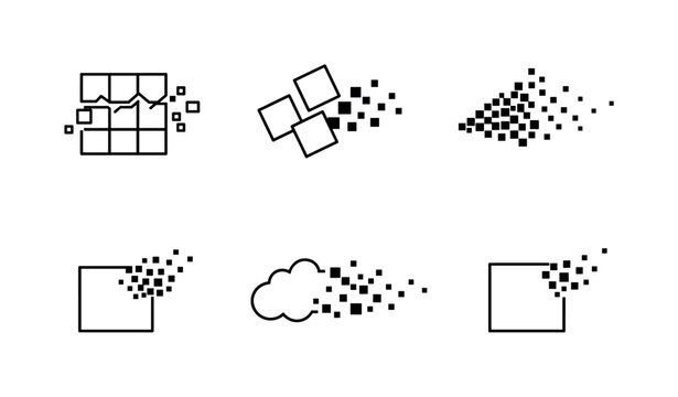 Line vector icons of pixel artifact dissolution (deconstructing pixel clusters): breaking micro-grid, dispersing tile trio,