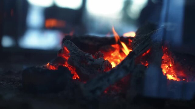 Glowing embers and charred logs burn behind a glass pane, thin smoke rises, small orange flames flicker, cool bluish bokeh suggests winter Alps and distant windows