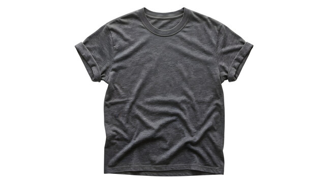 Wrinkled dark gray short sleeve t shirt on white background casual crumpled fashion clothing