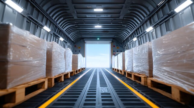 Cargo pallets are arranged in an aircraft hold ready for loading